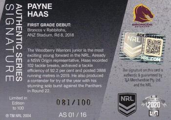 2020 NRL Traders - Authentic Signature #AS 01 Payne Haas Back